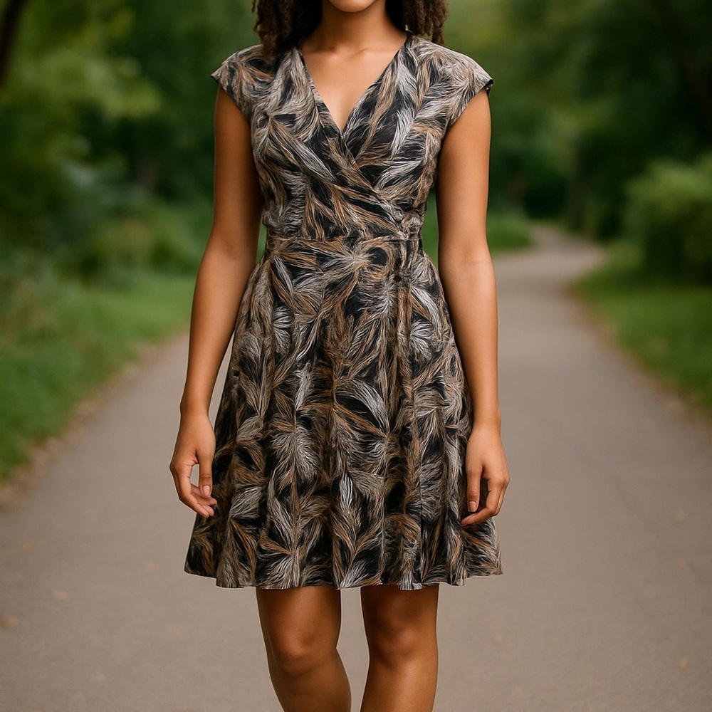 212 Collection Feather Print Mini Dress - Black and Brown